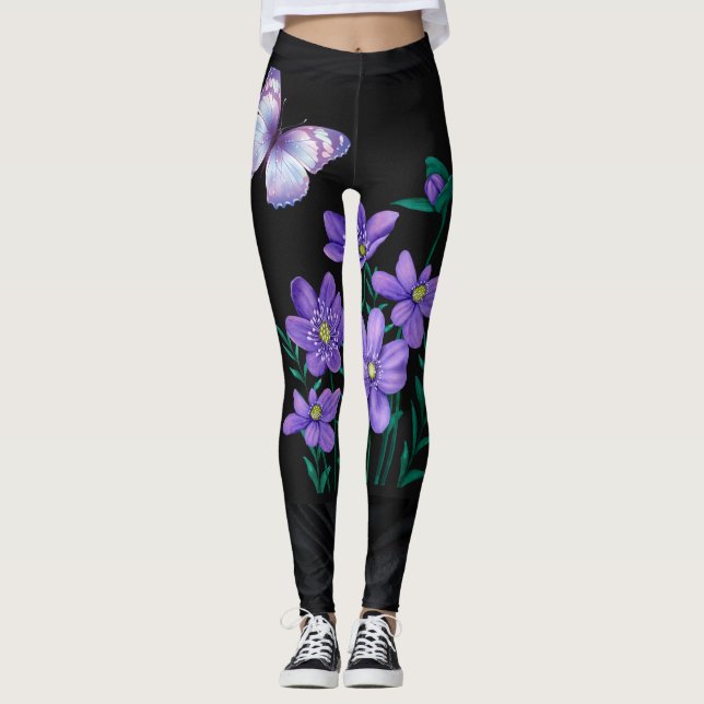Legging Borboletas e Pernas Pretas Flores (Frente)
