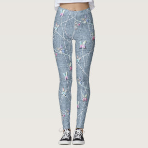 Legging Borboletas em Alívio de Aquarela em Linho Azul Jea