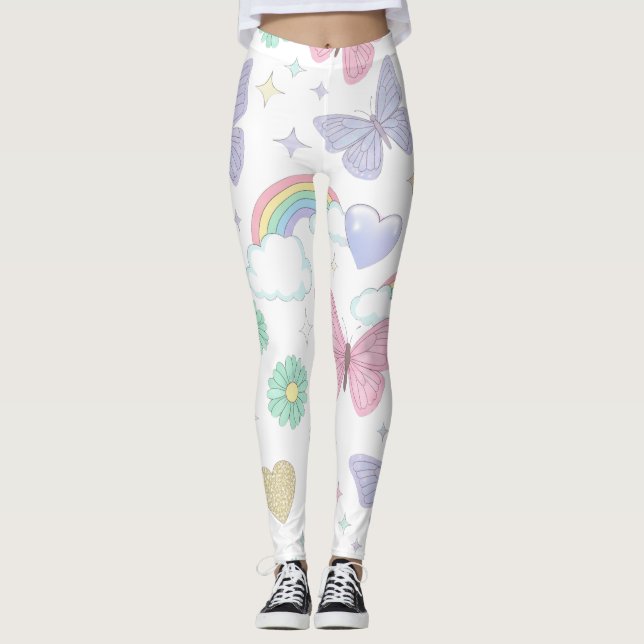 Legging Borboletas, flores e arco-íris de pastel (Frente)
