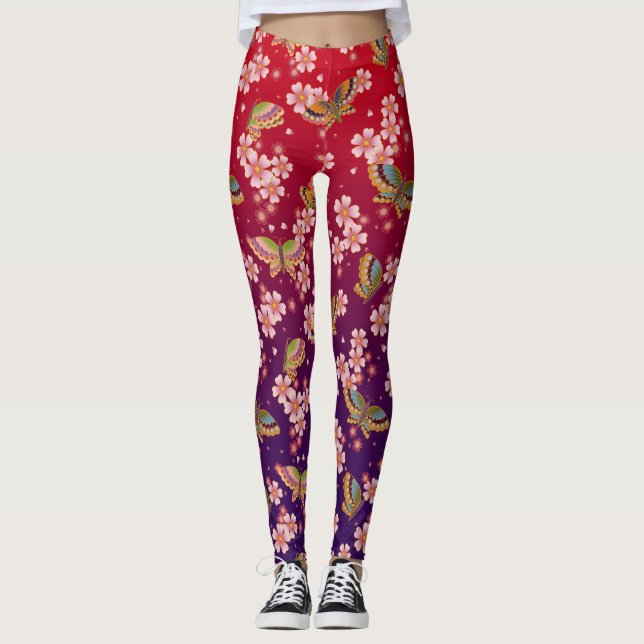 Legging Borboletas Japonesas No Meio Do Vermelho Chá Sakur (Frente)