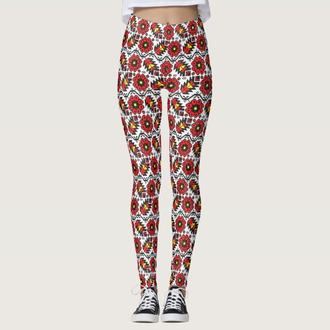 Legging Bordados Folclore Arte flor floral ponto-a-ponto (Frente)