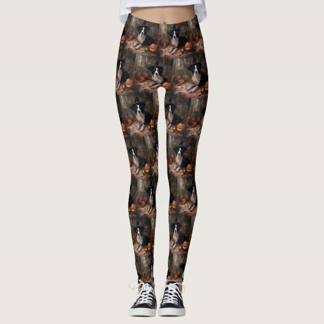 Legging Border Collie Pumpkins Halloween Assustado (Frente)