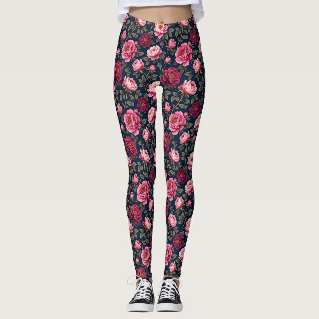Legging Borgonha Escura e Flores Rosa (Frente)
