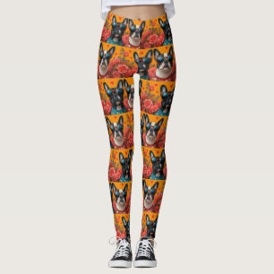 Legging Boston Terrier com Dia de os namorados de Rosas ca