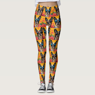 Legging Boston Terrier Com Rosas do Coração Dia dos Namora