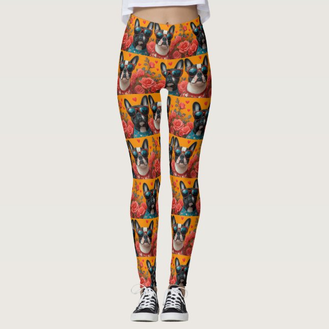 Legging Boston Terrier Com Rosas Do Coração Dia Dos Namora (Frente)