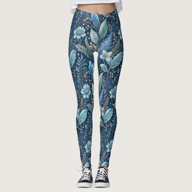 Legging Botânica Azul e Verde Intriciada - Azul Escuro Esc (Frente)
