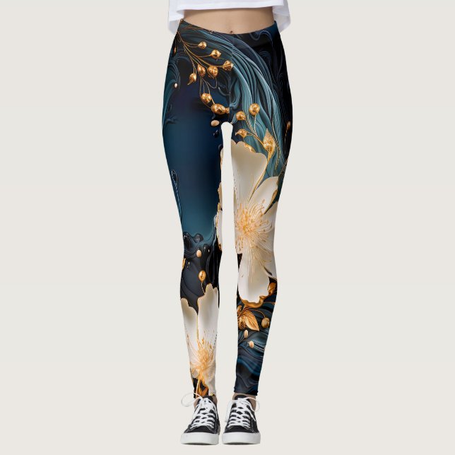 Legging Botânica Dourada e Azul (Frente)