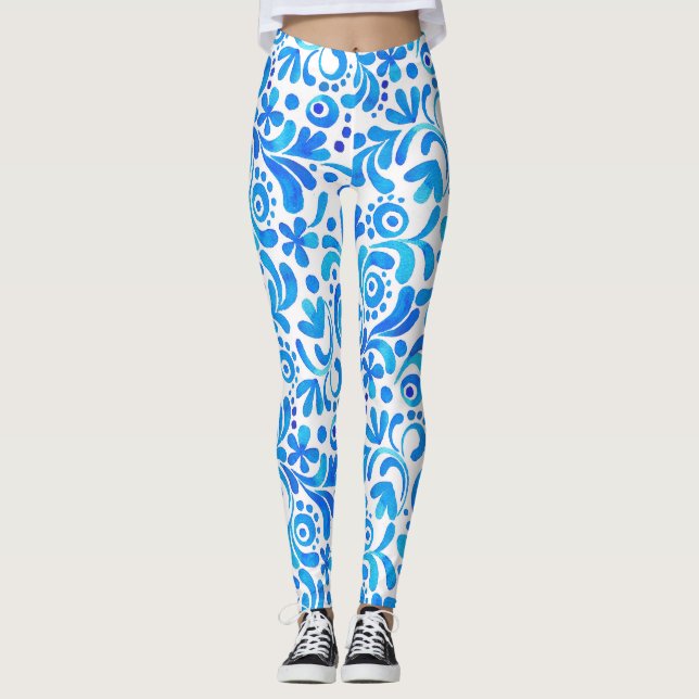 Legging Botânica Vibrante Azul e Branco (Frente)