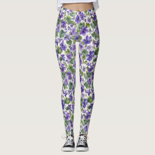 Legging Botânicas Violetas Delicadas Pintadas à Mão