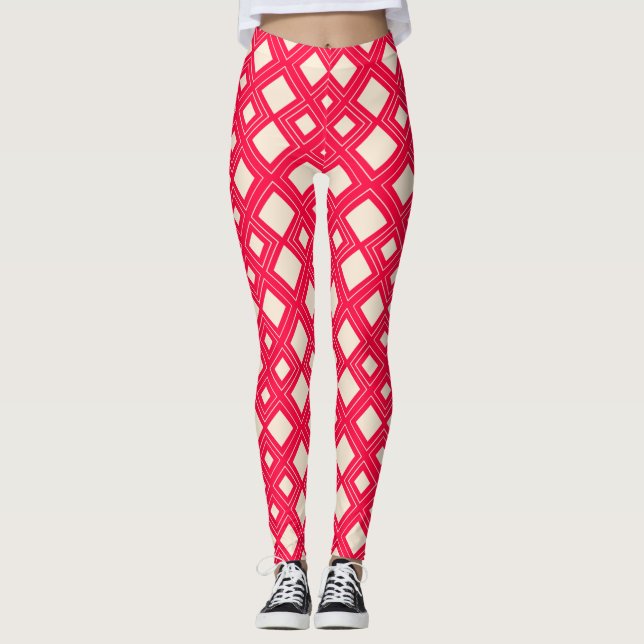 Legging Branco Antigo e Rosa Americano Diamante Abstrato (Frente)