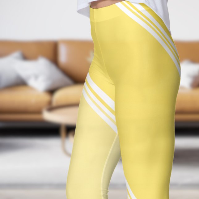 Legging Branco-chic sob Impressão amarelo-pálido (Chic White under Pale Yellow Banded Print Leggings)