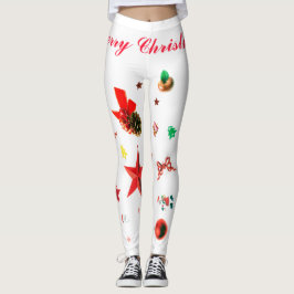 Legging Branco com Enfeites de natal vermelhos e verdes Le