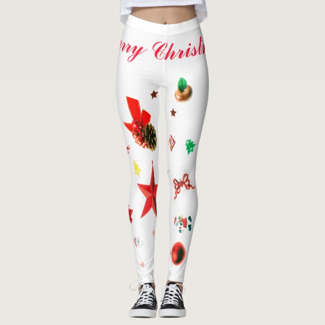 Legging Branco com Enfeites de natal vermelhos e verdes Le (Frente)