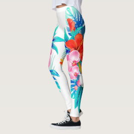 Legging Branco com Pernas de Flores Tropicais