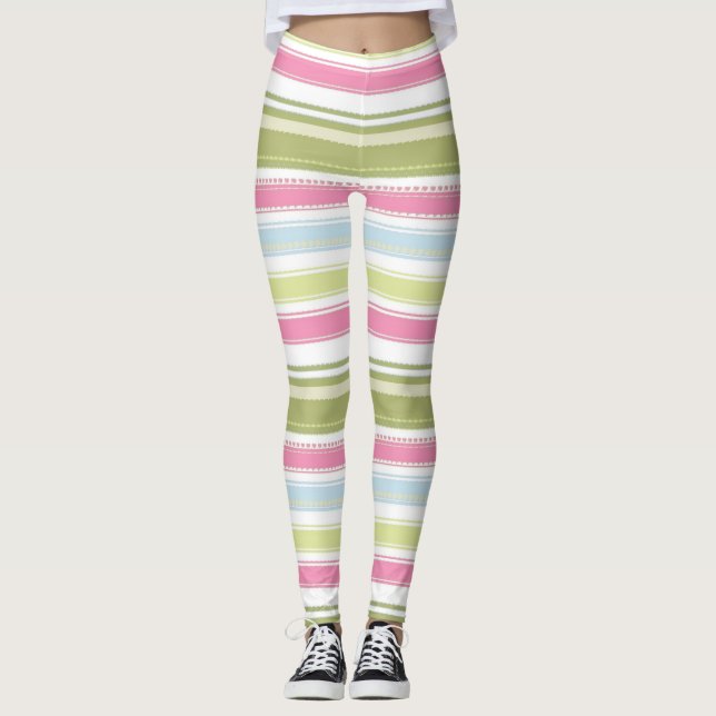 Legging Branco, Cor-de-rosa, Azul e Verde com risca (Frente)