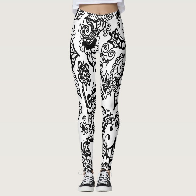 Legging branco e preto Henna inspirado em Floral (Frente)