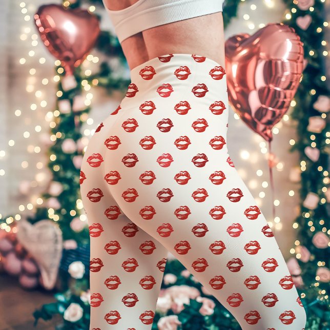 Legging Branco e Vermelho Beijo de Batom Impresso (Criador carregado)