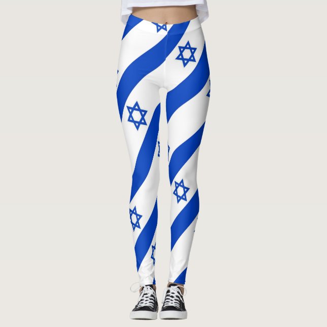 Legging branco listrado da estrela de David azul diagonal (Frente)