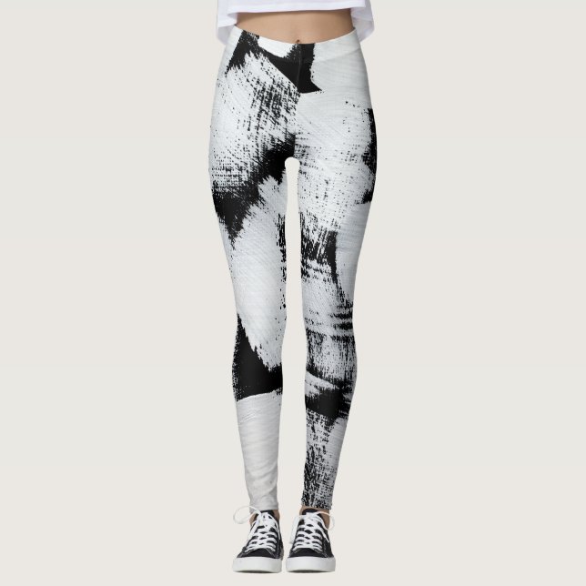 Legging Branco preto, canvas pintada por abstrato. (Frente)