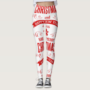 Legging Branco & vermelho do feliz ano novo do Feliz Natal