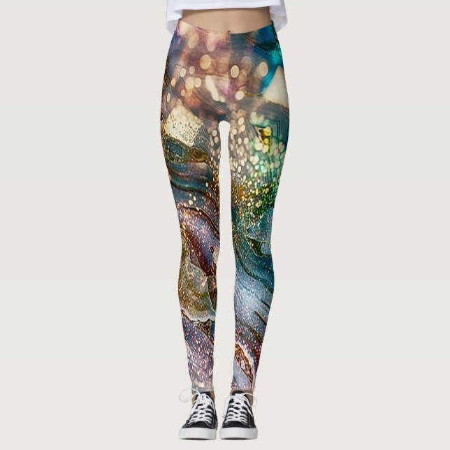 Legging Brilho Abstrato e Mármore Rosa e Azul (Frente)