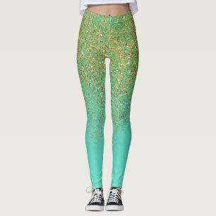 Legging Brilho Dourado & Aqua Teal Glam Brilho Espelhado