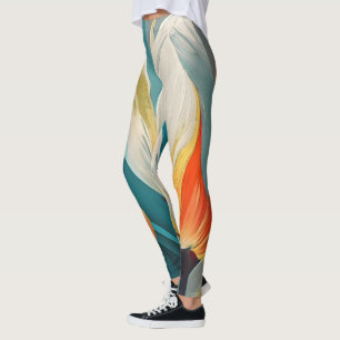 Legging Brilho Floral Abstrato em Turquesa e Laranja