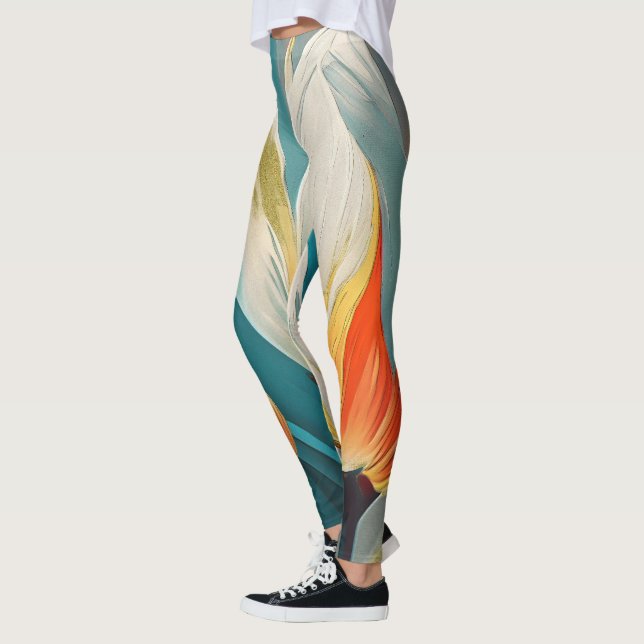 Legging Brilho Floral Abstrato em Turquesa e Laranja (Esquerda)