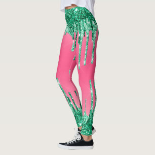 Legging Brilho Verde Gotejante Chic Cor de Melancia Rosa
