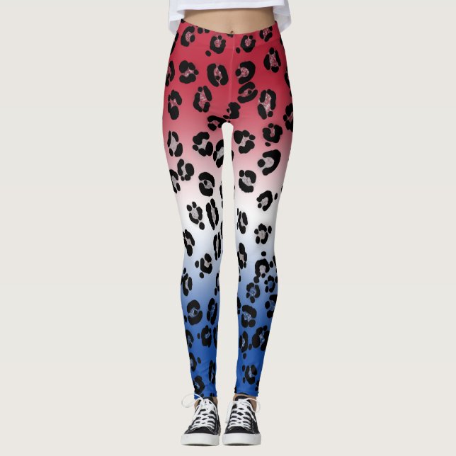 Legging Brilho Vermelho Branco Azul Estampa Leopardo (Frente)