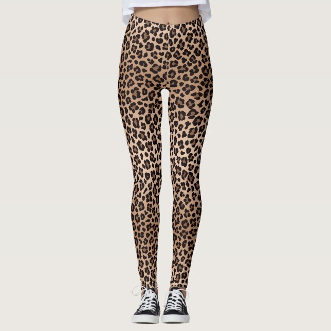Legging Brown Beige Safari Wild Cat Skin Leopard Pattern (Frente)