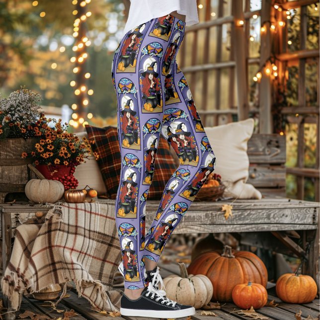 Legging Bruxa de Outono Art Nouveau Abóboras Lua Roxa (Criador carregado)