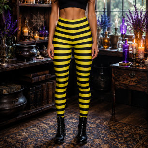Legging Bruxa Má Amarela e Preta Listrada de Halloween