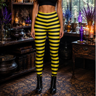 Legging Bruxa Má Amarela e Preta Listrada de Halloween