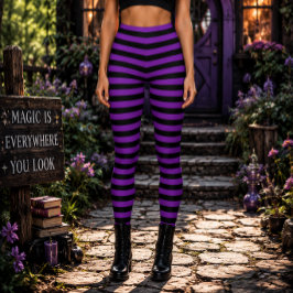 Legging Bruxa Má Roxa e Preta Listrada de Halloween