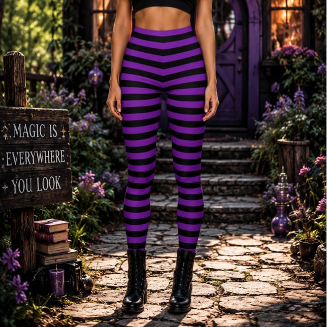 Legging Bruxa Má Roxa e Preta Listrada de Halloween (Criador carregado)