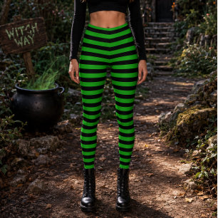 Legging Bruxa Má Verde e Preta Listrada de Halloween