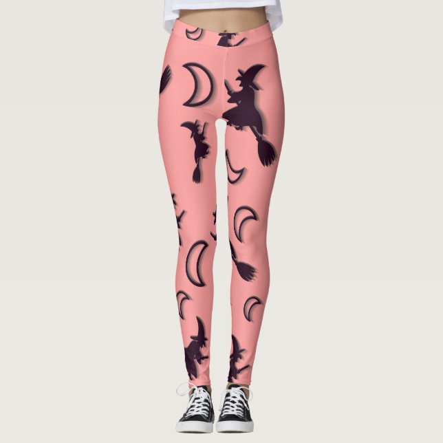 Legging Bruxa voadora entre meia lua na noite de Halloween (Frente)