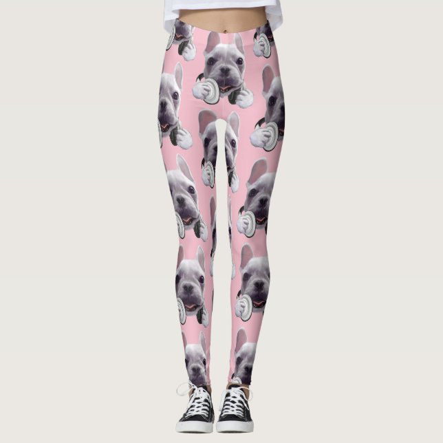 Legging Bulldog Francês com Ilustração de Fones de ouvido (Frente)