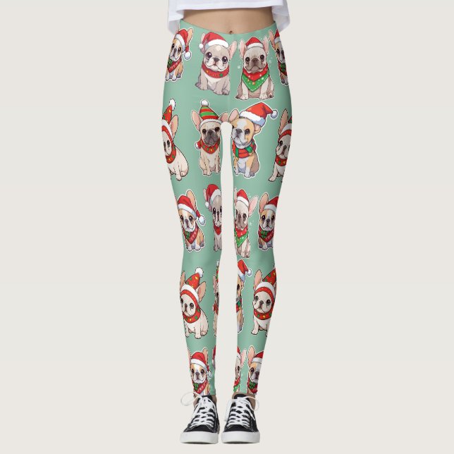 Legging Bulldog Francês Pastel Padrão de Natal (Frente)