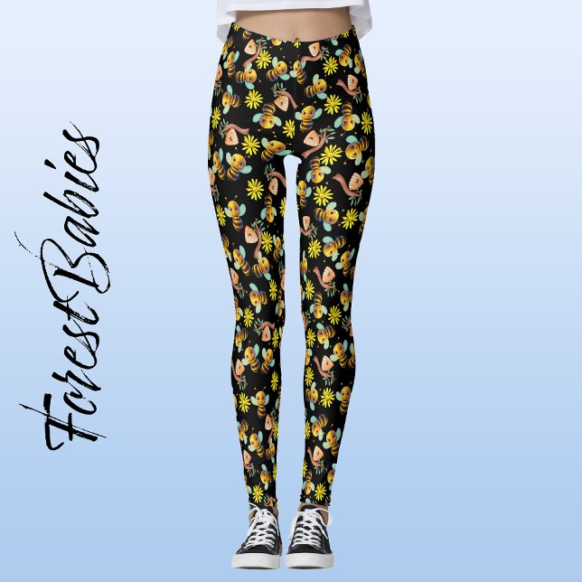 Legging Bumble Bee 🐝 margarida amarela, Honey Black Flora (🐝 Bumble Bee, ForestBabies Yellow Daisy, Honey Hive Black Floral Leggings - Front)