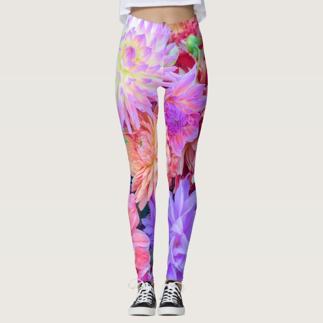 Legging Buquê de Flores Laranja Púrpura Rosa Elegante| (Frente)