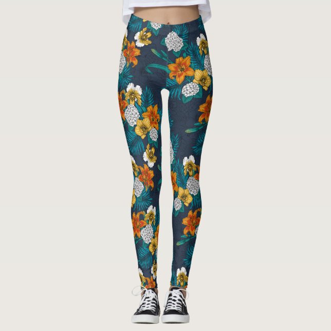 Legging Buquê tropical em azul (Frente)