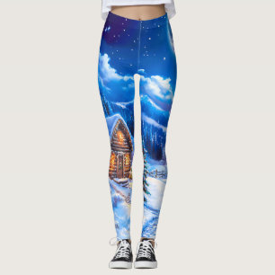 Legging Cabaña na Noite de Natal de Inverno Nevado sob a L