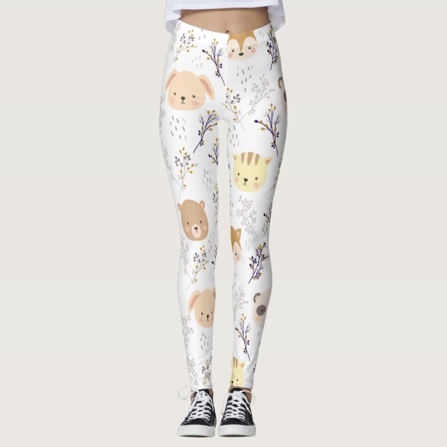 Legging Cabeça Animal Adorável E Padrão Floral (Frente)