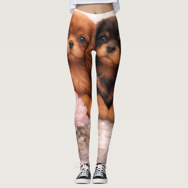 Legging Cachorrinhos Cavalier spaniel em flor na primavera (Frente)