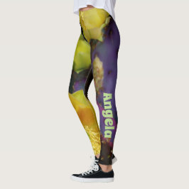 Legging Cacto de pera picante roxo com flores amarelas