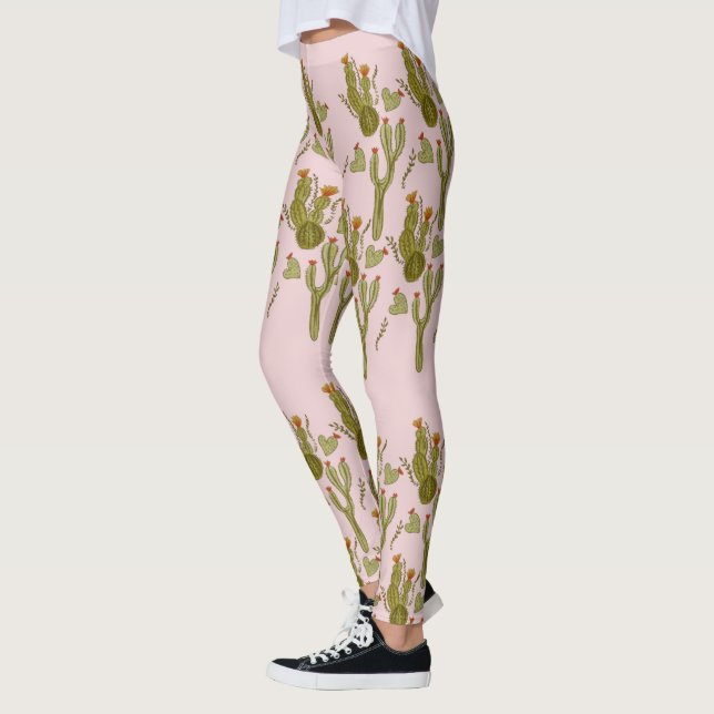 Legging Cacto Pintado à Mão Aquarela Padrão Rosa   (Esquerda)