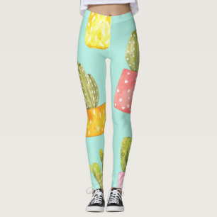 Legging Cactos picantes em potes, padrão de aquarela.